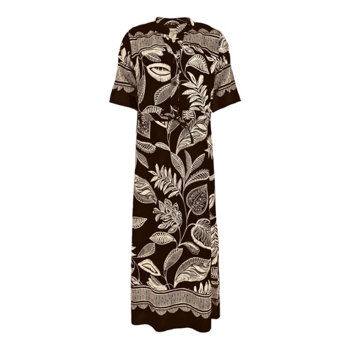 FOS Jurk 7844 Lalia blad rand Bruin ecru FOS Jurk 7844 Lalia blad rand Bruin ecru
